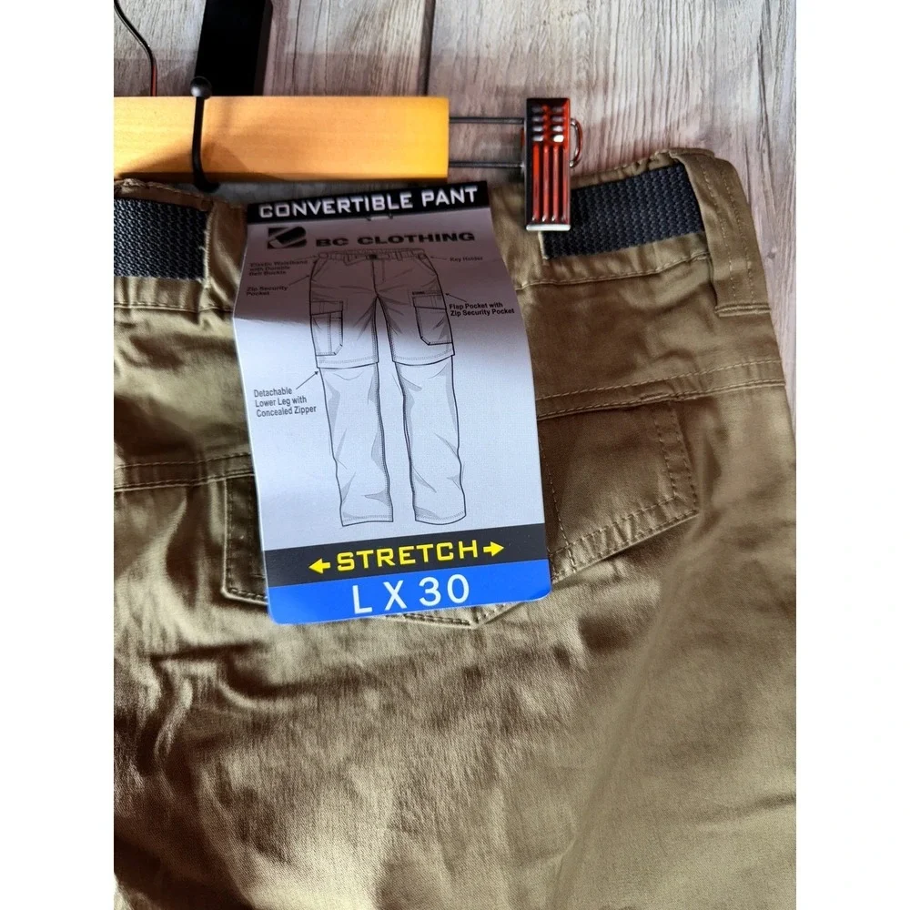 BC Clothing Mens Convertible Cargo Pants Khaki Tan Stretch Hiking Zip Off L x 30